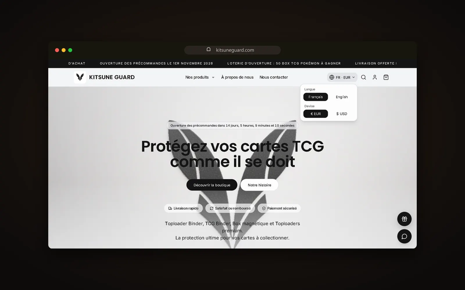 KITSUNE GUARD home page with the language and currency picker open: French or English, euro or dollar