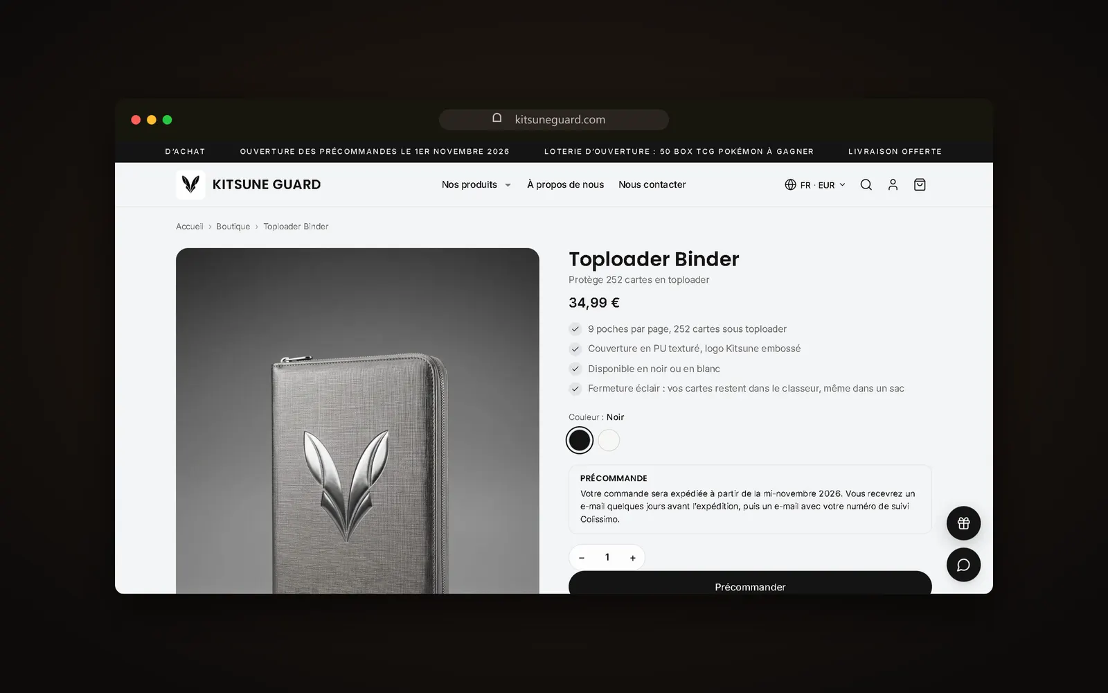 KITSUNE GUARD product page: Toploader Binder at €34.99, colour choice and pre-order notice