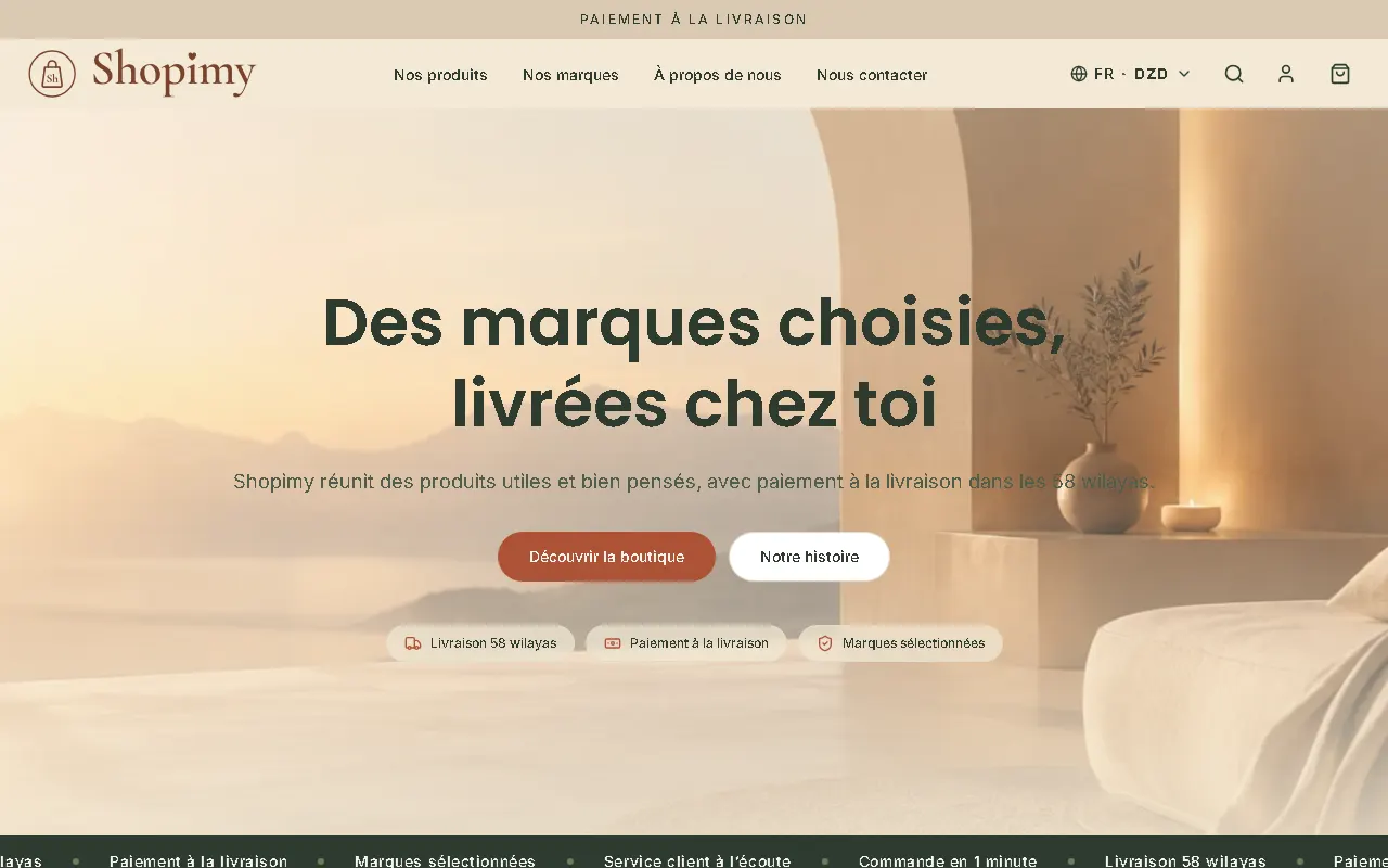 Page d’accueil de Shopimy.me : « Des marques choisies, livrées chez toi »