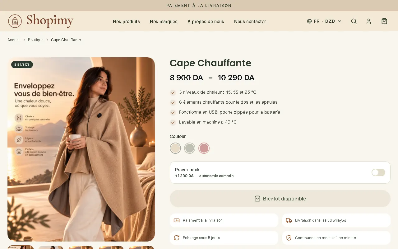 Fiche produit Shopimy : cape chauffante, choix de couleur et option batterie